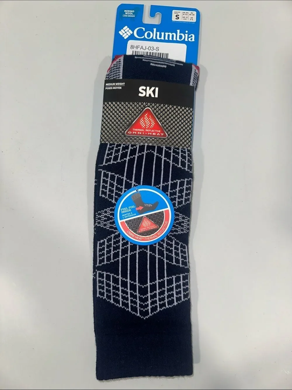 COLUMBIA Navy White Omni-Heat® Ski Socks Merino Wool Blend Over the Calf